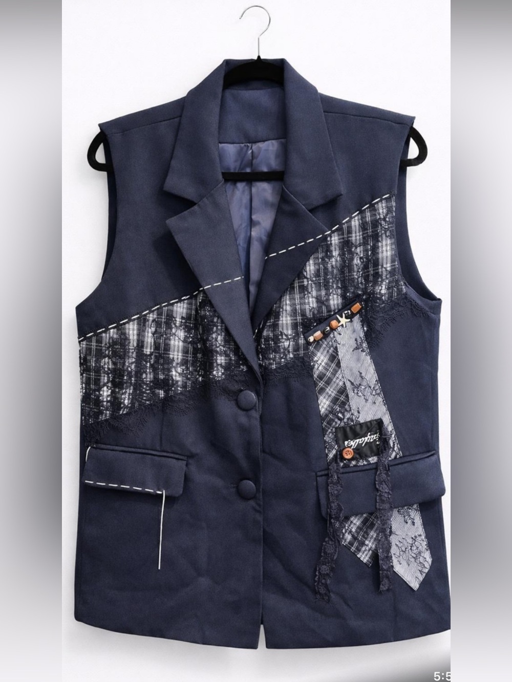 Navy Patchwork Lace-Trim Sleeveless Blazer Vest
